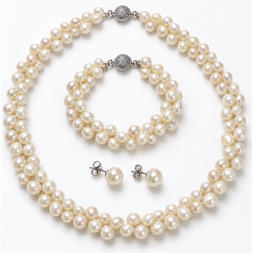 Cultured Freshwater Pearl Necklace Bracelet Earrings Set 14K White Gold Clasp